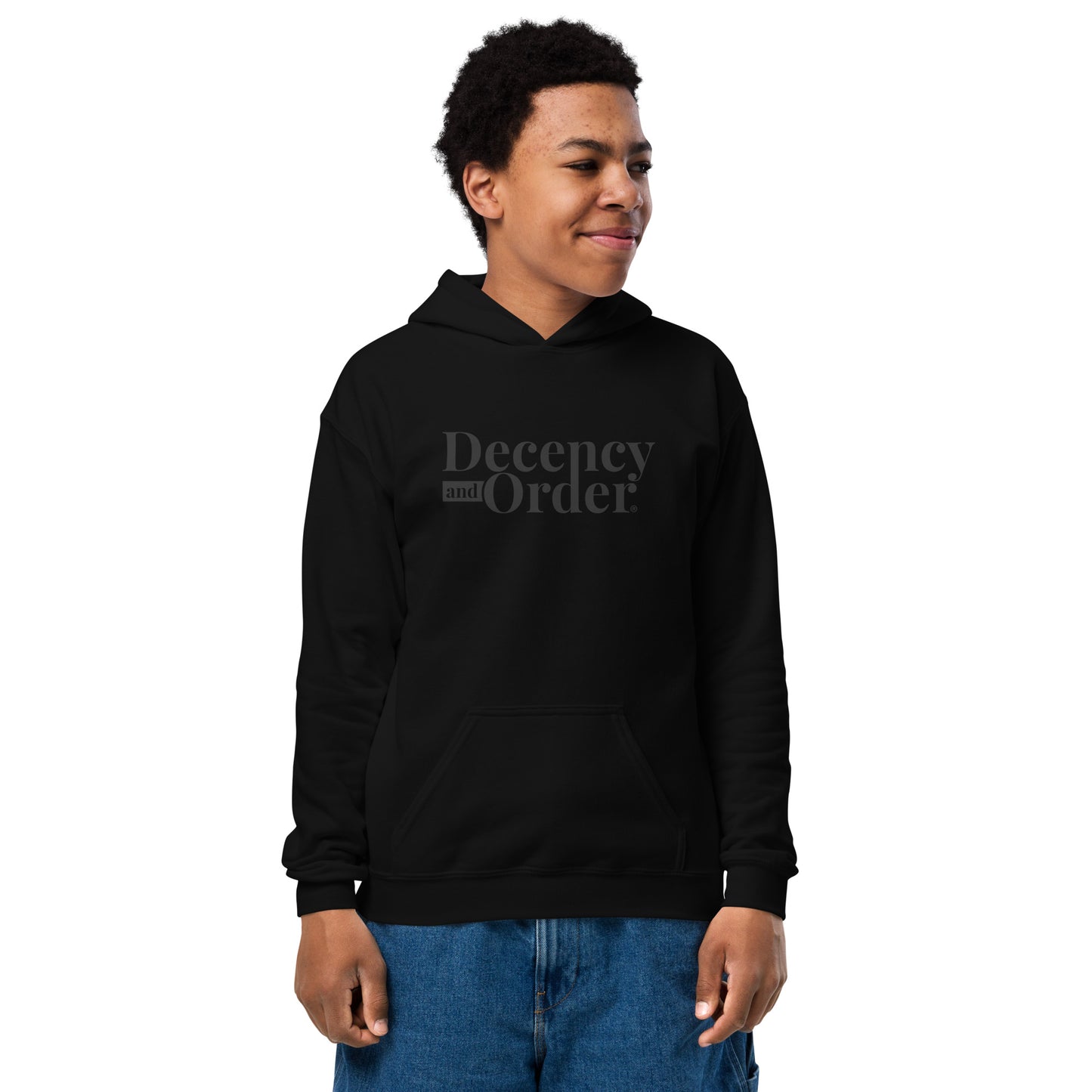 Youth heavy blend Decency And Order hoodie (Black Print)