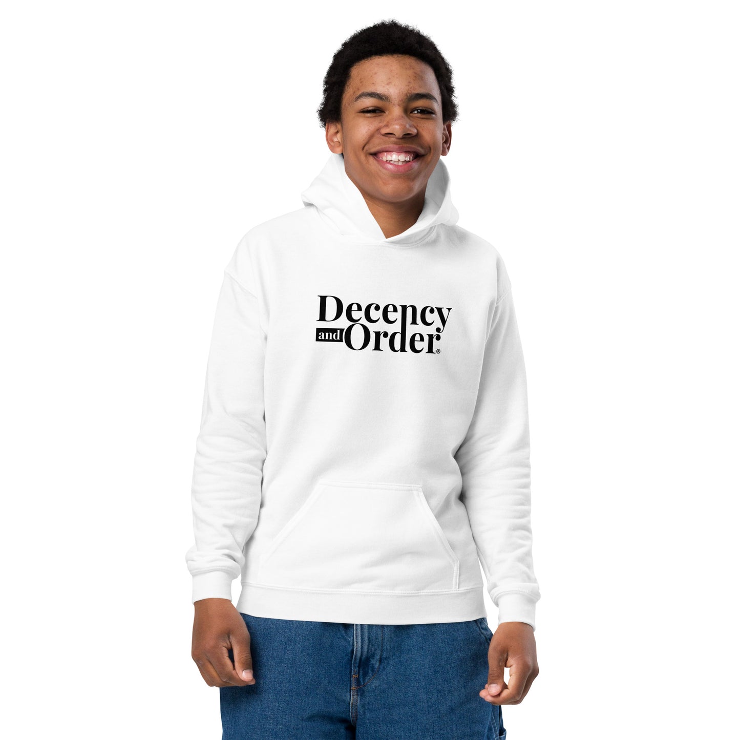 Youth heavy blend Decency And Order hoodie (Black Print)